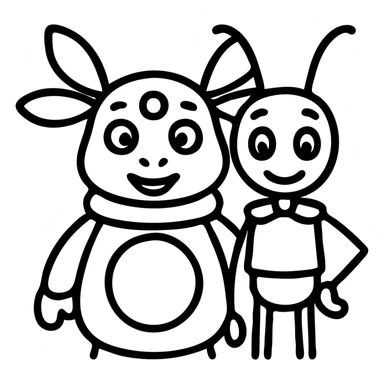 Luntik and Kuzya as a playful outlined icon, cartoonish proportions, no fill sticker