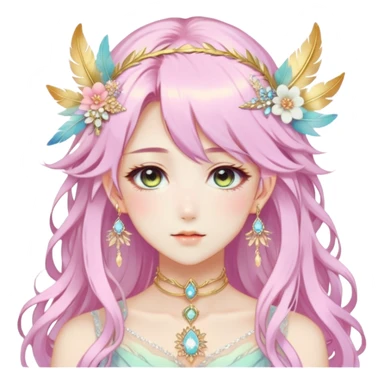 Beautiful gorgeous anime lady with beautiful pastel-special-hair, fashion aesthetic, ethereal, fairycore, pastelcore, feather, flower, crystals, accessories, gold jewelries, gold, colorful, gold laurel, gold halo, cottagecore,  sticker