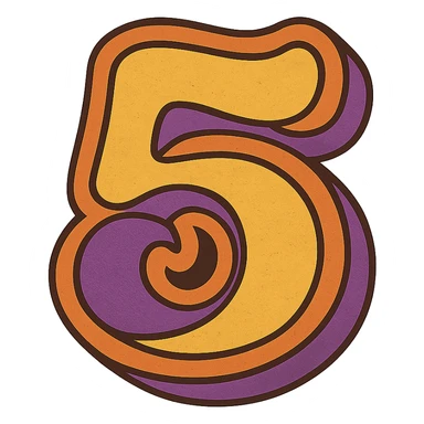 number 5 in retro 70s style, bubble lettering, psychedelic, orange, yellow, brown, and purple sticker