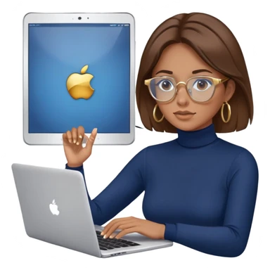Woman with brown hair wearing navy blue turtleneck, gold hoops and blue screen glasses typing on laptop sticker