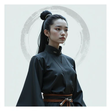 realistic AI chatbot with the persona of a modern Zen Blade, serene disciplined and contemplative, wearing modern smart attire with hints of samurai influence, tranquil face, minimalist tech-inspired background sticker