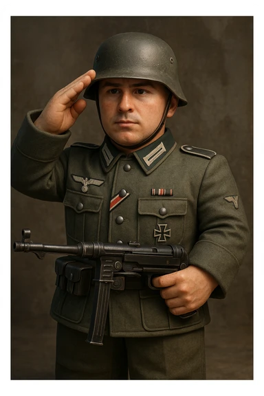 World War II soldier inspired by Roblox style, realistic skin texture, saluting and holding an MP40, wearing a German uniform sticker