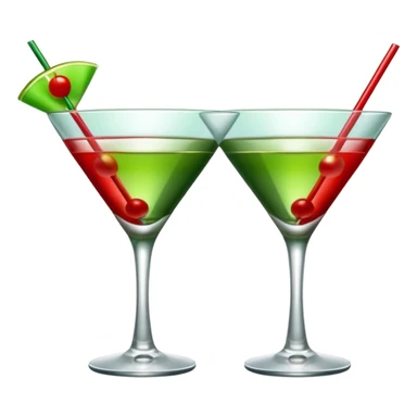 two realistic glasses of cocktail in emoji style, one is red color and one is green, martini glass shape, no straw, no fruit, no ice, no Cocktail sticks sticker