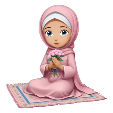 Turkish beautiful finish Konya girl blue eyes with powder pink color flower hijab long tail dress and sits on the pray mat namaz on the ground with dua  sticker