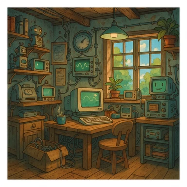 ghibli style tech lab, cozy and whimsical, lots of details sticker