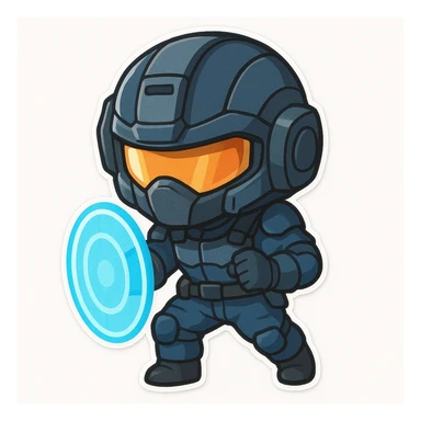 chibi sticker of a sci-fi soldier in a mostly blue uniform, wearing a high-tech helmet with visor, holding a glowing energy shield, cute style, white background sticker