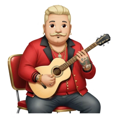 Icon for Chanson: Old fat chanson singer with tattoos, small moustache, red jacket, gold chains and braslettes, sitting on a chair with an acoustic guitar and standing microphone. No earrings. The atmosphere should reflect a nostalgic, soulful vibe with vintage elements. Transparent background. sticker