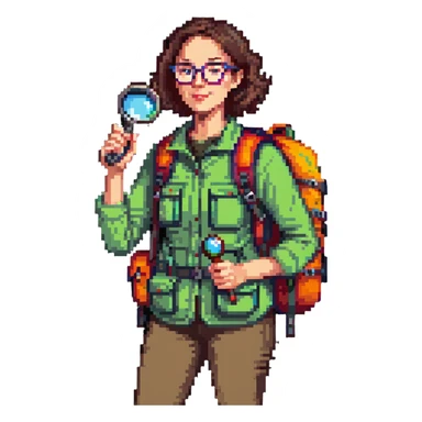 Enthusiastic woman naturalist in her 40s with glasses, colorful hiking outfit, backpack, holding magnifying glass sticker