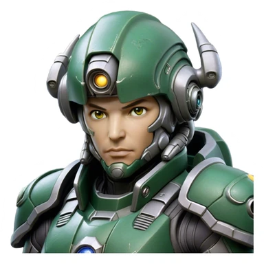 Cinematic Realistic StarCraft Terran Marine Portrait, head tilted dramatically with an exaggeratedly amused expression, blending futuristic grit with a hint of unexpected humor. His steely gaze and determined features, set against intricately detailed tactical armor in dark green and grey, are rendered with lifelike texture and dynamic lighting, high shine, dramatic yet whimsical, capturing the essence of a Terran Marine whose epic strength is accompanied by a playful edge. sticker