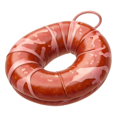thick rustic coil of raw sausage, pale pink marbled surface, natural casing, smooth texture, visible flecks of fat, ends tucked or pinched, no plate or garnish, soft lighting, emoji scale sticker