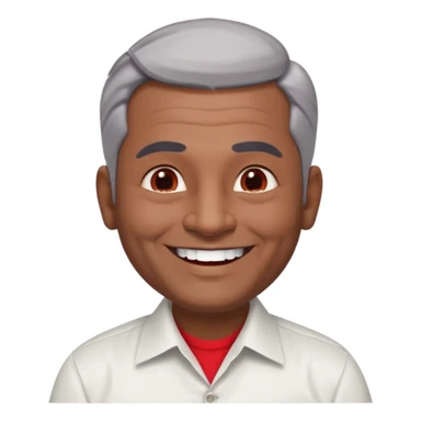 50 yr old indian man, dark skin, grey hair, big smile, white teeth, chubby, no moustache, clean shaven, young style hair, hair brushed back, 5 oclock shadow, bindy on forehead, dress shirt, red dot sticker