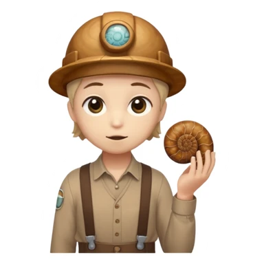 Shelly has a small, chibi-style body with a large ammonite-shaped head that looks like a beige fossil shell. One side of her head has a dark opening, making it clear she isn’t human. Her face is simple and soft, with big round eyes. She wears a brown suspender outfit over a lighter shirt sticker