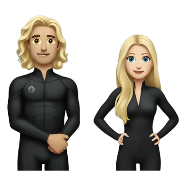 blonde white woman long hair wearing all black standing next to Jack Schlossberg dark hair in a wetsuit sticker