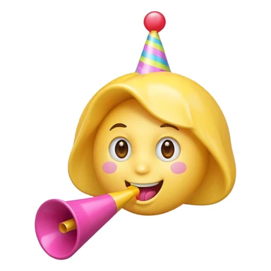 happy face blowing a party horn with pink heart sticker