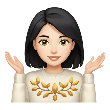 A woman with shoulder-length black hair, light to medium skin tone, full cheeks, and almond-shaped eyes, wearing a white sweater with gold design, lying comfortably on a bed with soft lighting, joyful and radiant expression. sticker