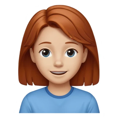 shrugging happy emoji tween long auburn hair light blue shirt with a darker blue L sticker