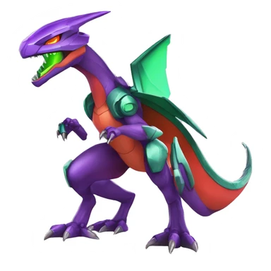a shiny purple-green-red Genesect-Charizard-Raptor-Fakémon—hybrid with a futuristic visor-helmet full body sticker