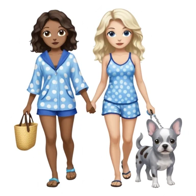 2 pretty women in beach clothes, one hazel eyed light skin with dark brown wavy long hair, walking a blue and gray spotted Merle Frenchie the other blue eyed light skin long blonde hair walking a black chihuahua  sticker