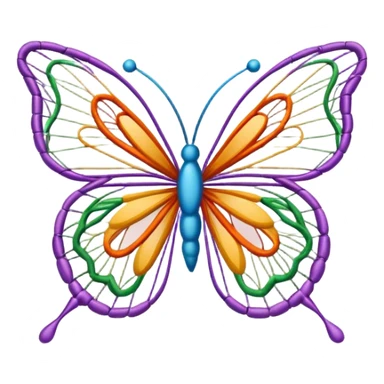 icon for String art, colorful butterfly made with threads, body of the butterfly with visible thread ball structure, wings formed by intricate thread patterns, minimalistic style, clean lines, transparent background. sticker