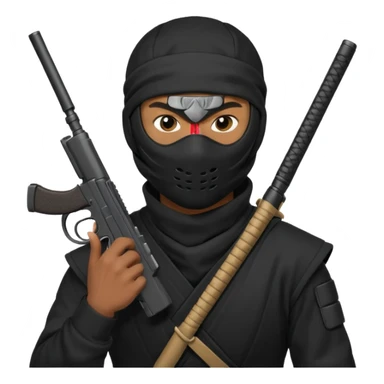 A black male in a ninja mask with a gun sticker