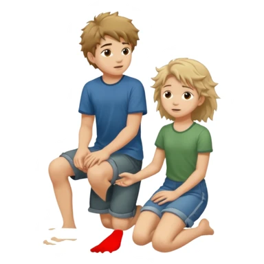 barefooted boy with messy hair putting his foot on a kneeling girl sticker