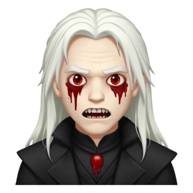 Creat a young man Vampire that have long white hair and white skin and full black eyes and bloody mouth and full black outfit and long fangs and scary dead cold eyes sticker