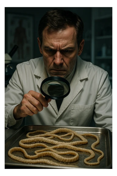 A middle-aged male kinesiologist wearing a pristine white lab coat, intensely analyzing long, beige tapeworms (like Taenia) under a magnifying glass. His expression is focused and slightly concerned, with dramatic studio lighting casting sharp shadows. The parasites are highly detailed, moist, and textured, stretched across a sterile metal tray. The background is blurred but suggests a clinical environment—hints of a microscope, medical charts, and clean lab equipment. The style is hyper-realistic, with a cinematic contrast between the bright white coat and the grotesque, organic forms of the parasites. No sci-fi elements, just raw medical realism with a disturbing edge sticker