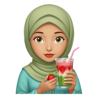 Turkish beautiful finish Konya girl blue eyes with beige and light green hijab islamic dress and had on her hand strawberry Matcha drink sticker