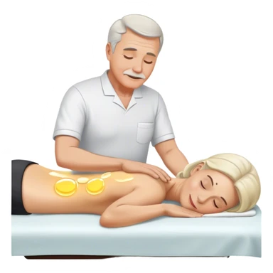 60-year-old white man massaging 60-year-old woman on massage table using oil sticker