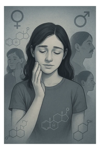 A young woman is surrounded by faint overlays of hormonal symbols and androgen molecules, with shadowy images of acne, facial hair, and oily skin projected around her, symbolizing the symptoms of PCOS with androgen excess. She looks down, gently touching her face with a resigned but hopeful expression, symbolizing her journey toward managing these symptoms. sticker