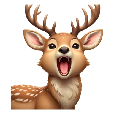 Cinematic Cute Yawning Deer Portrait Emoji, Head tilted slightly with a dramatic, wide-open yawn, revealing a soft, dappled Fur and elegantly drooping ears, eyes barely open in drowsy contentment, Simplified yet irresistibly adorable features, highly detailed, glowing with a soft, cozy glow, high shine, relaxed yet expressive, stylized with a touch of natural whimsy, bright and endearing, soft glowing outline, capturing the essence of a sleepy yet affectionate deer, so drowsy it feels like it could stretch right out of the screen and curl up for a nap! sticker