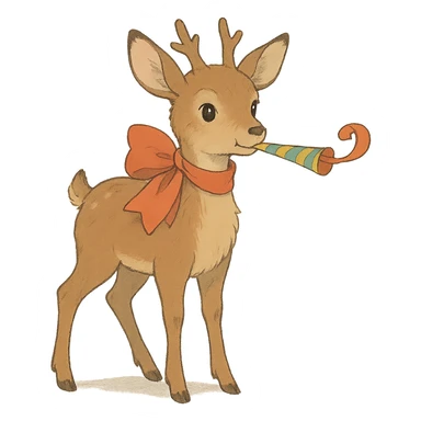 deer with ribbon scarf holding birthday horn in soft Ghibli style sticker