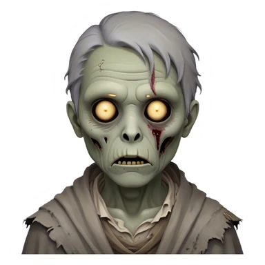 Cinematic Noble Zombie Portrait Emoji, Surprisingly dignified and somber, with a decaying yet strangely regal visage in ashen grays and muted tones, draped in tattered attire hinting at a lost grandeur, simplified yet meticulously detailed, glowing with a soft, eerie radiance and a gentle outline that evokes the tragic nobility of the undead! sticker