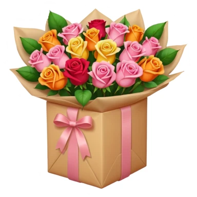 light pink Bouquet of red orange pink yellow roses in package sticker