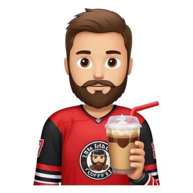 hockey player with a beard with iced coffee wearing black and red jersey  sticker