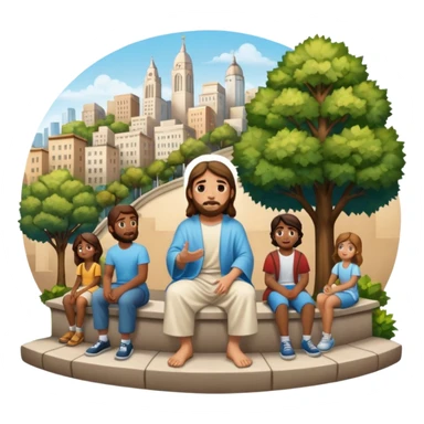 Jesus sitting on city steps, talking to a group of young people from various backgrounds, detailed cityscape with murals, benches, and trees sticker