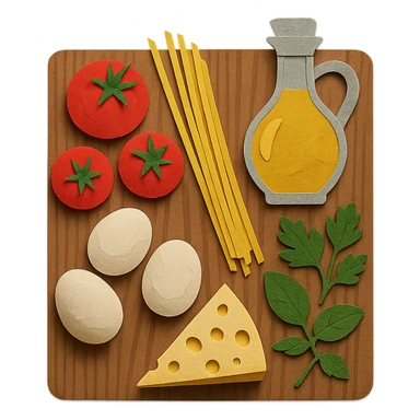 A realistic top-down view of a wooden kitchen table with various common ingredients neatly arranged (like tomatoes, pasta, eggs, cheese, herbs, olive oil). The background should be dark and soft to match a modern app interface. Lighting should highlight the ingredients naturally, with soft shadows. No text, no hands, minimalistic but warm and homely, like a mobile UI background for a cooking app. sticker