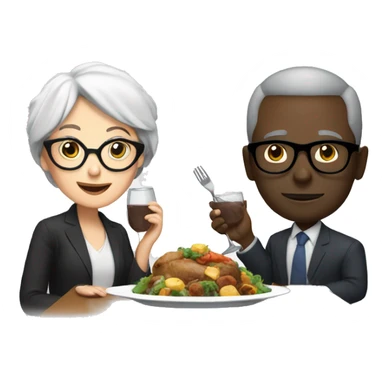 Gray hair white woman with glasses eating dinner with black man with gray short hair with glasses  sticker
