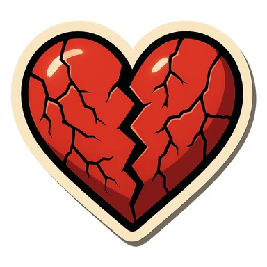 broken heart with several large cracks, clear black outlines, sharp shadows and highlights only, no gradients, retro sticker style sticker