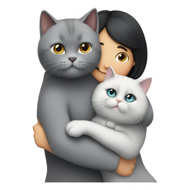 annoyend light gray british shorthair cat and a lady with a 2B black hair hugging the cat lovingly sticker
