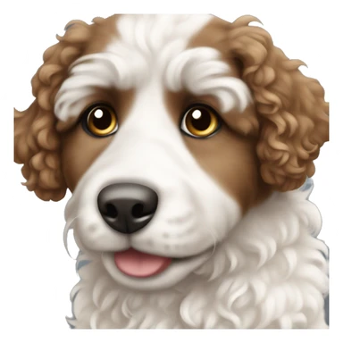 A curly hair doodle puppy with both brown and white face but a white body sticker