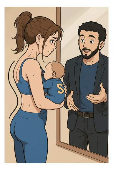 ispirati a questo stile di disegno e fai questa immagine in versione manga/webtoon a colori, il manga mostra la donna che si guarda alla specchio preoccupata di profilo con la postura sbagliata e incurvata, spalle chiuse e curve in avanti, con un neonato in braccio con una tutina azzurra e la scritta "S" sulla schiena, spina dorsale storta della donna in evidenza mentre al suo fianco anche l'uomo guarda la donna riflessa nello specchio e le spiega una cosa, ma non fare i fumetti, fai come se stessero parlando sticker