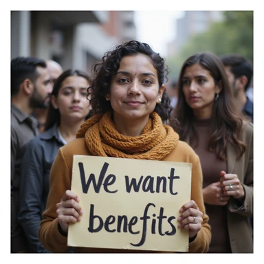 group of indian modern customers holding a board written "We want benefits"with a serious face sticker