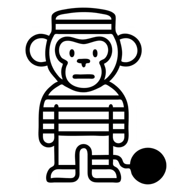 monkey in black and white prisoner uniform, icon style, with a ball and chain sticker