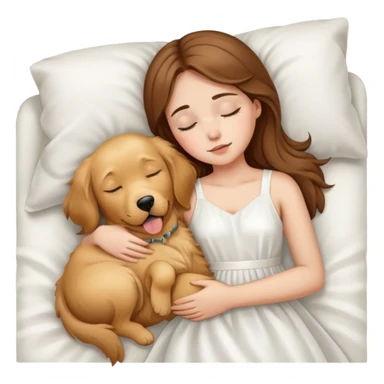 A girl with brown hair, white dress sleep with one golden retriever dog sticker