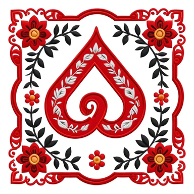 Stylized ruble sign (₽) with Udmurt traditional embroidery patterns, ethnic geometric decoration, red black and white colors sticker