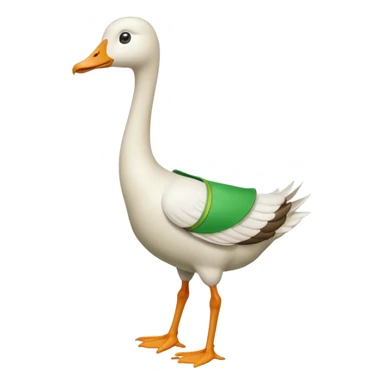 "Emoji of a white running goose with a very long neck and two legs. The goose wears bright green suspenders." sticker