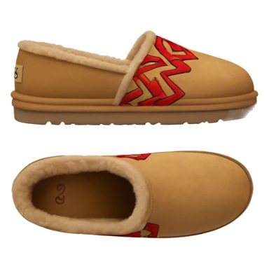 Ugg Camel slip-on slippers. A thin red zig-zag circling on cuff, and a high chunky thick platform sole. sticker