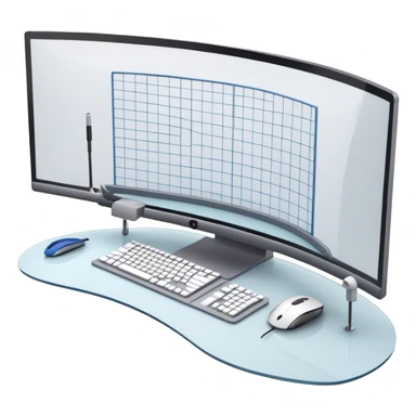 Create an emoji for 3D visualization and modeling. Show a 3D object like room model with grid lines on a big curved monitor. Add a modeling tool a mouse and stylus. Use modern, professional colors. Do not include any emojis or smiley faces. Make the background transparent. sticker