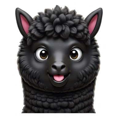 Cinematic Comical Black Alpaca Portrait Emoji, Head tilted dramatically with an exaggeratedly amused expression, featuring a striking jet-black fleece with playful texture, wide, expressive dark eyes filled with playful disbelief, Simplified yet hilariously expressive features, highly detailed, glowing with a slightly sassy glow, high shine, dramatic yet playful, stylized with an air of cheeky mischief, bright and endearing, soft glowing outline, capturing the essence of a spirited and over-the-top alpaca, so meme-worthy it feels like it could side-eye its way into internet fame instantly! sticker